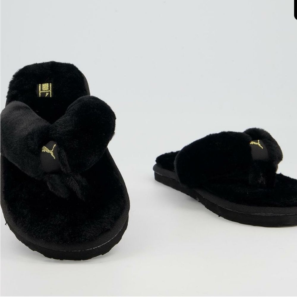 Puma Fluff Flip Slippers Black Team‎ Gold